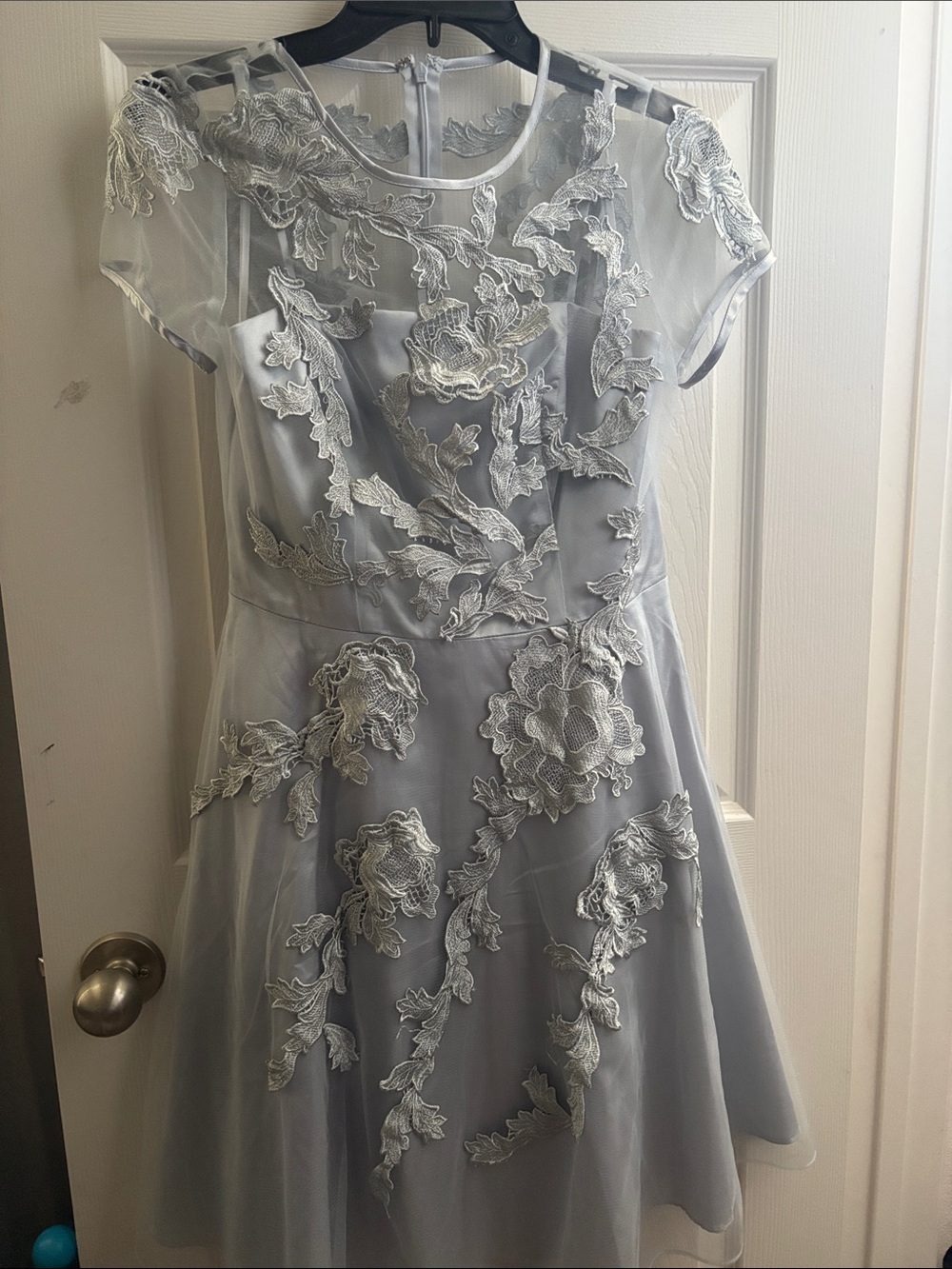 Bridesmaid or cocktail Silver-Gray Floral Lace A-Line Dress